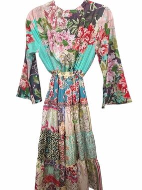 Johnny Was Multicolor Floral Patchwork Maxi Dress - Teal, Pink, Green